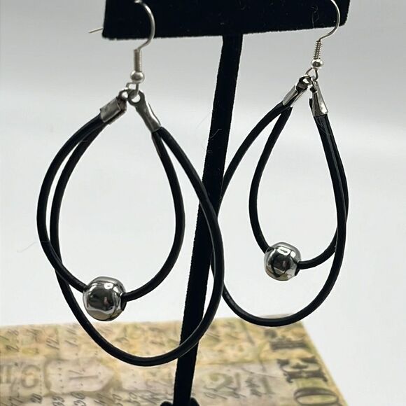 Double Leather Corded Dangling Earrings w/ Silver-Tone Bead Choice of Closure - Picture 4 of 14